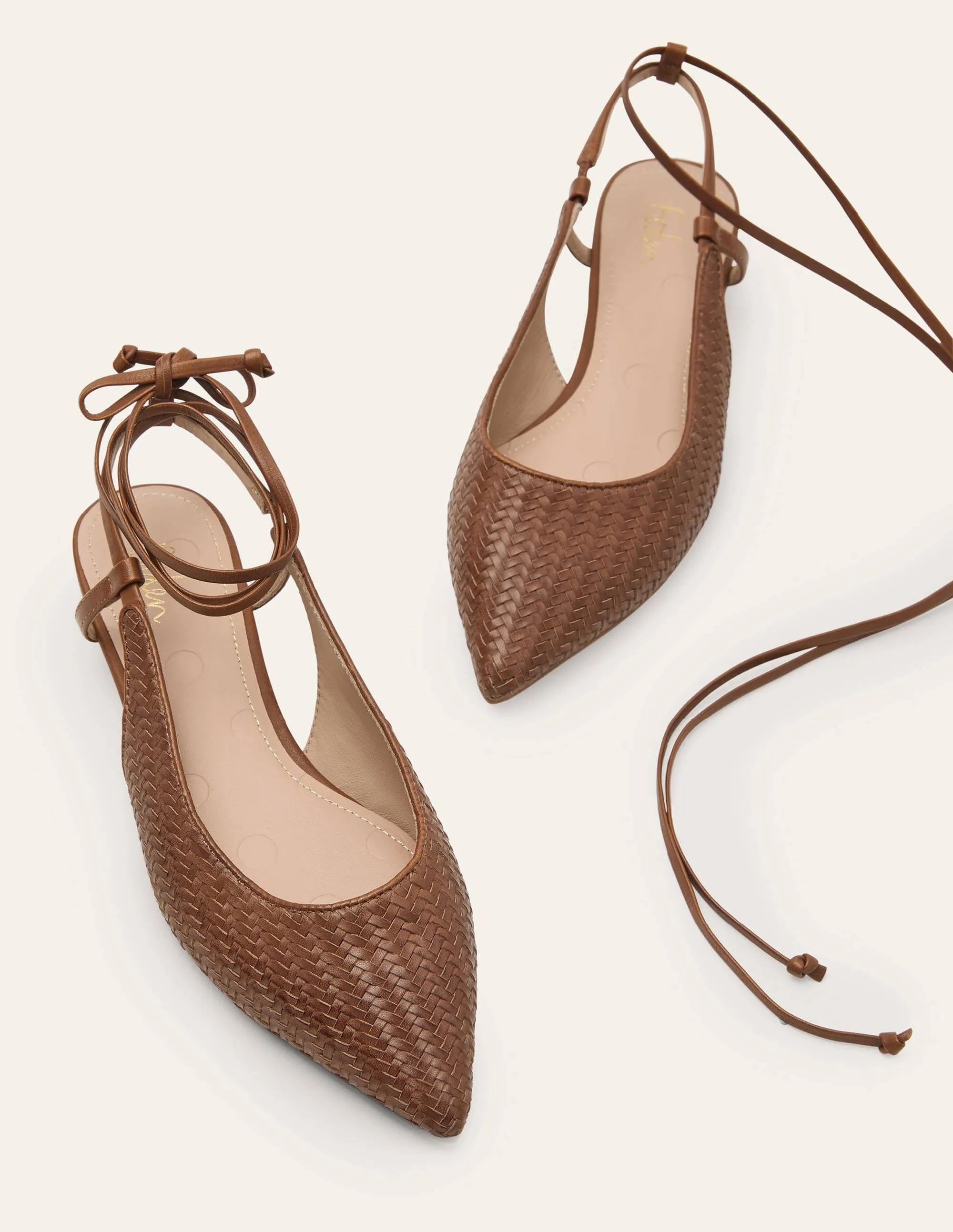 Ankle Tie Pointed Flats-Tan Woven