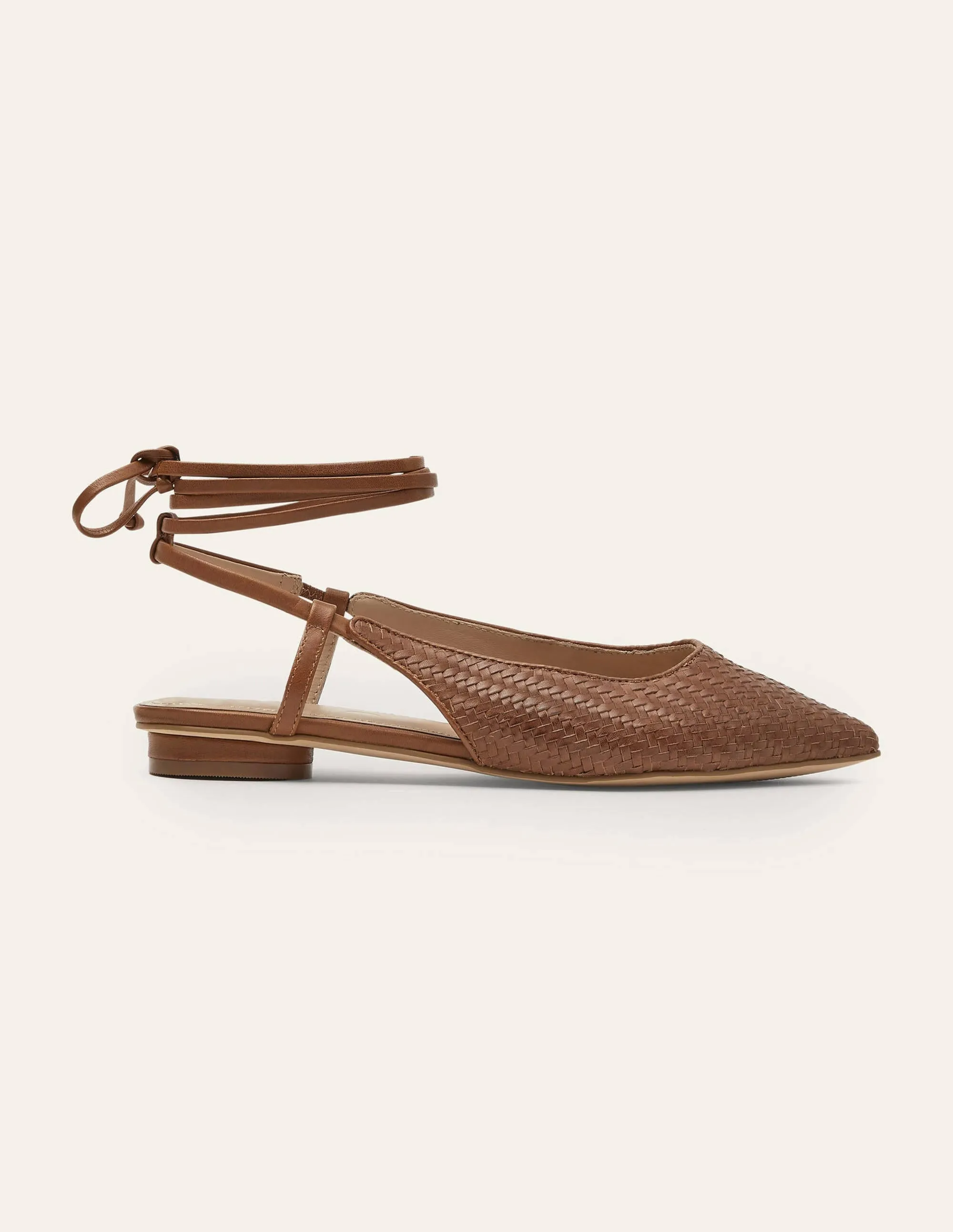 Ankle Tie Pointed Flats-Tan Woven