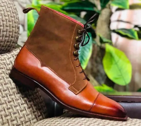 Awesome Handmade Men's Brown Leather Suede Cap Toe Lace Up Boots, Men Ankle Boots, Men Fashion Boots