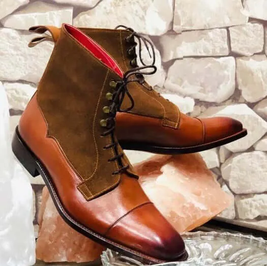 Awesome Handmade Men's Brown Leather Suede Cap Toe Lace Up Boots, Men Ankle Boots, Men Fashion Boots