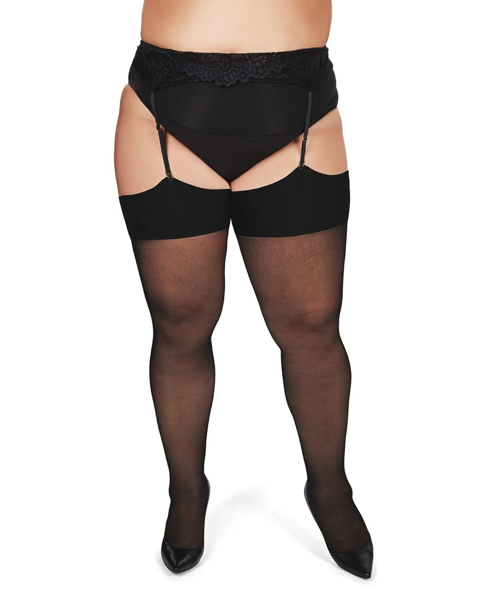 Back Seam/Cuban Heel Plus Size Curvy Thigh High Stocking | Black-Black