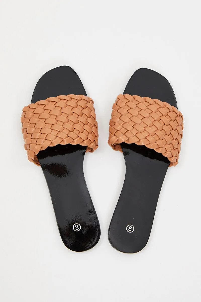 Beige Woven Flat Slides