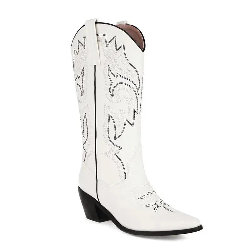 Black Knee High Western Cowboy Boots For Women Embroidered White Pointed Toe Shoes White Wide Calf Cowgirl Boots