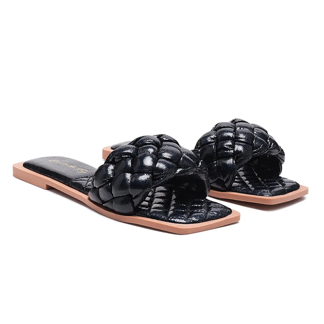 Black Quilted Slides In Woven Straps