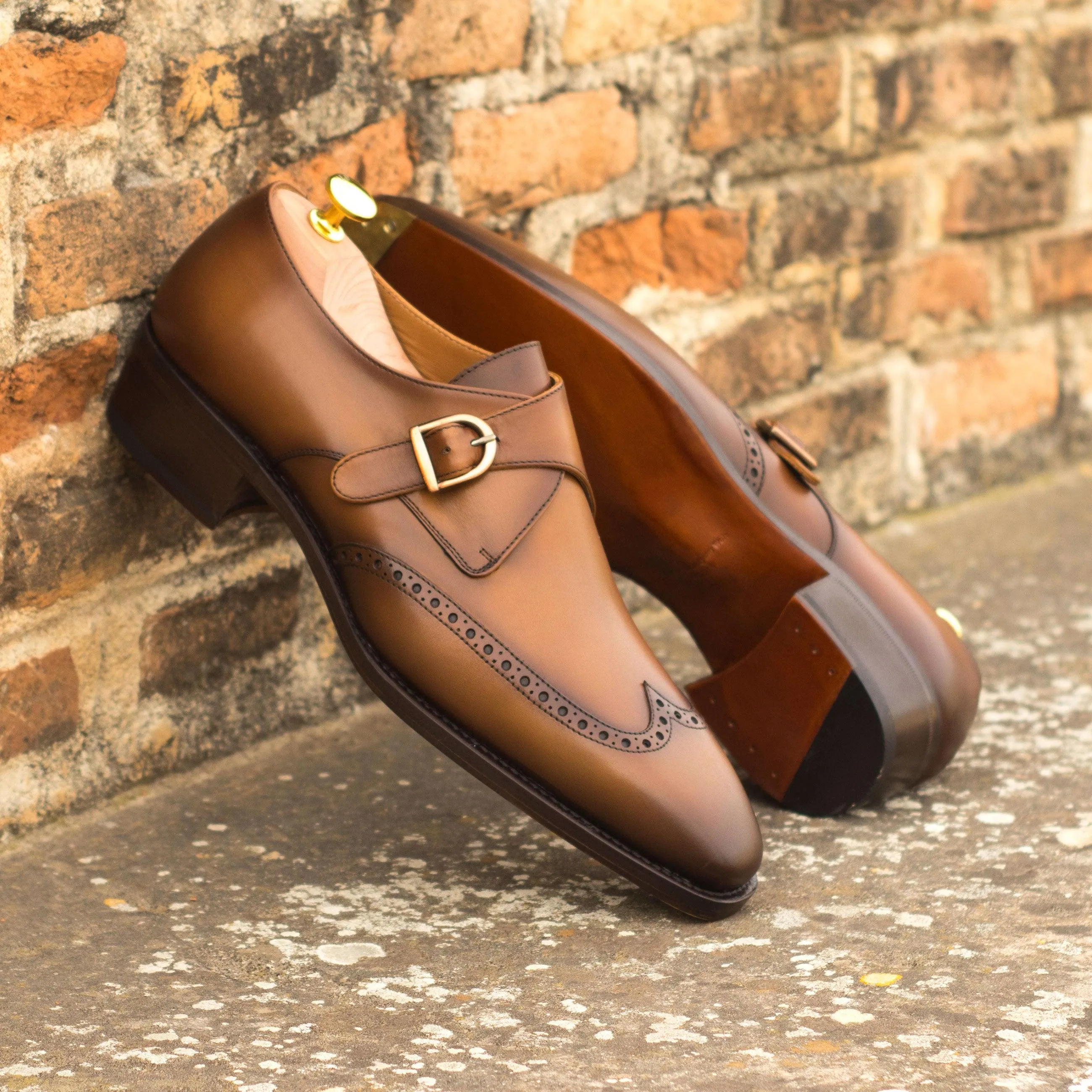 Burnished Cognac Leather Single Monk Shoes