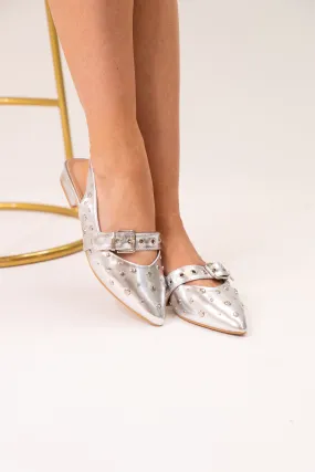 Cathy Embellished Buckle Flats In Silver