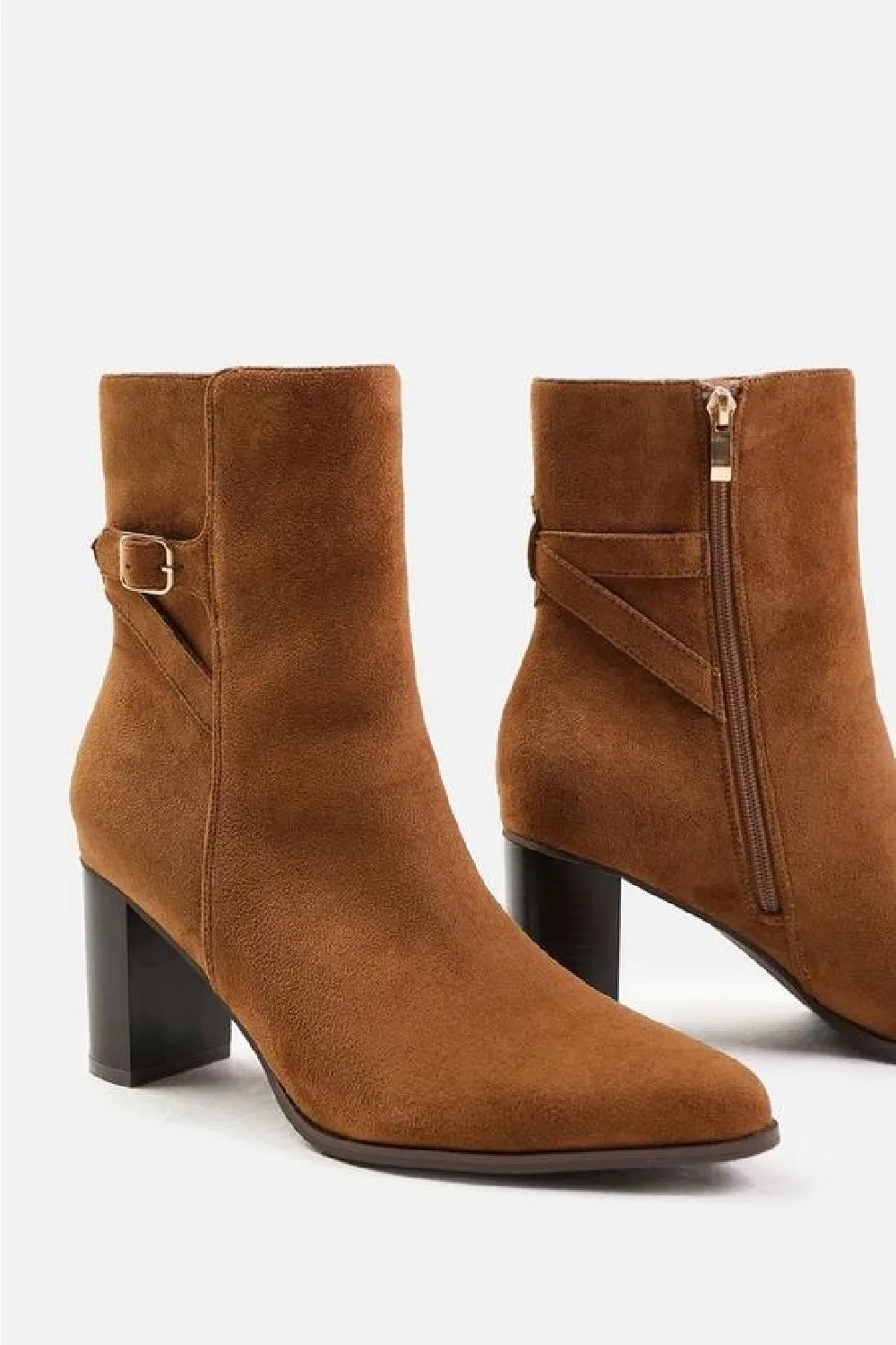 Cognac Suede Block Heel Boot With Buckle Detail