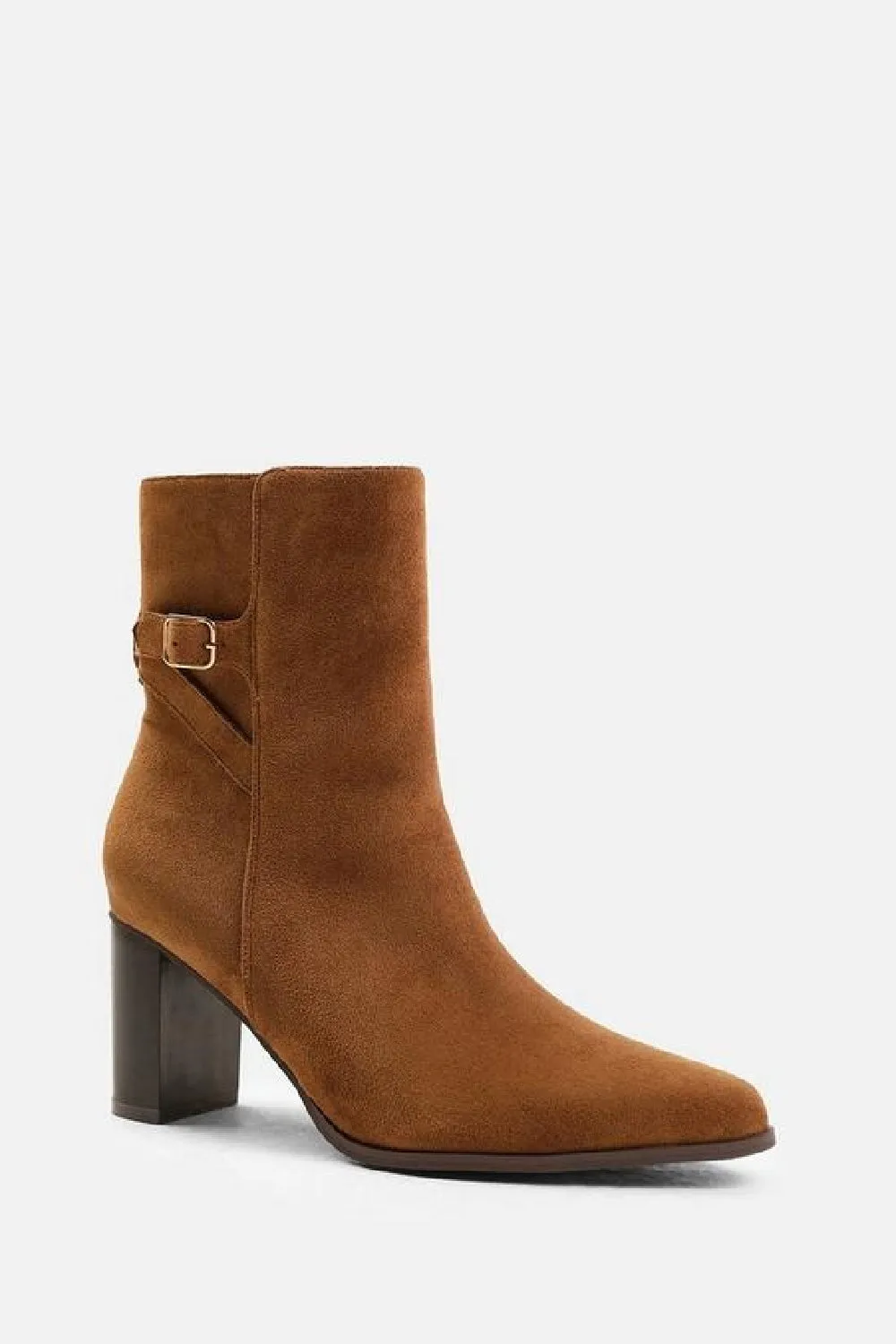 Cognac Suede Block Heel Boot With Buckle Detail