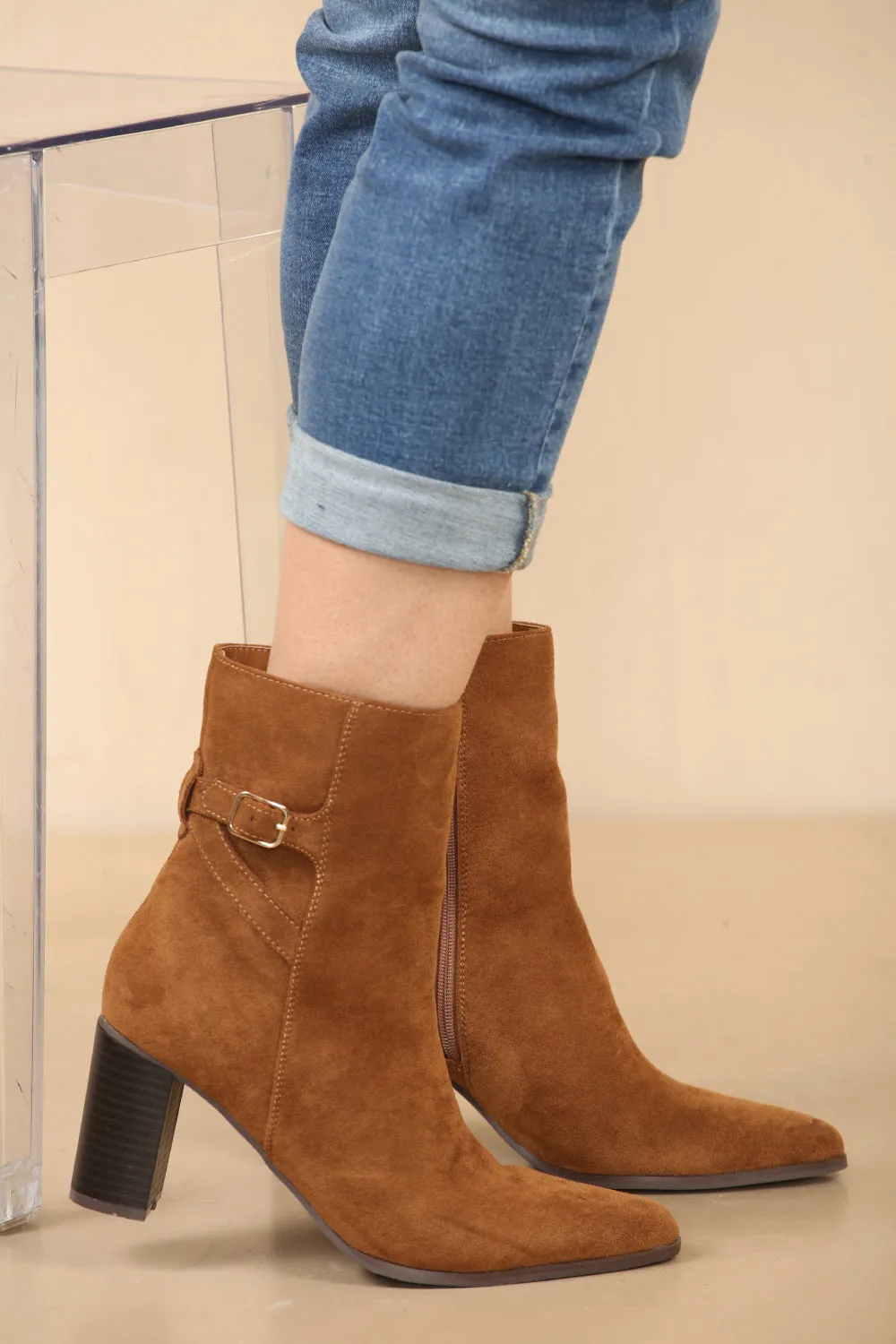 Cognac Suede Block Heel Boot With Buckle Detail