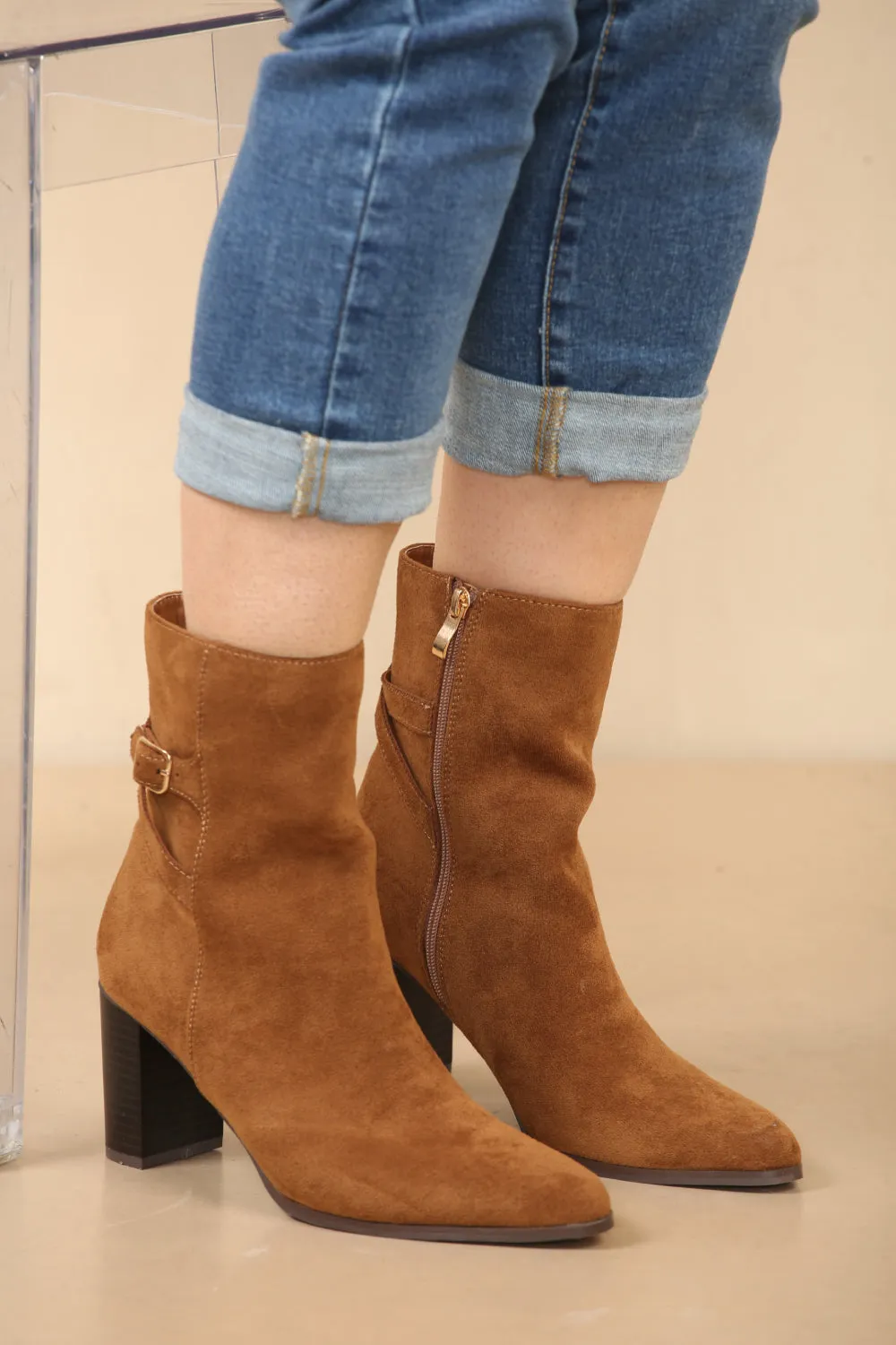 Cognac Suede Block Heel Boot With Buckle Detail