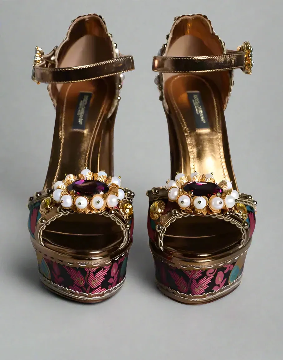 Dolce & Gabbana FUCHSIA JACQUARD EMBELLISHED KEIRA SANDALS SHOES