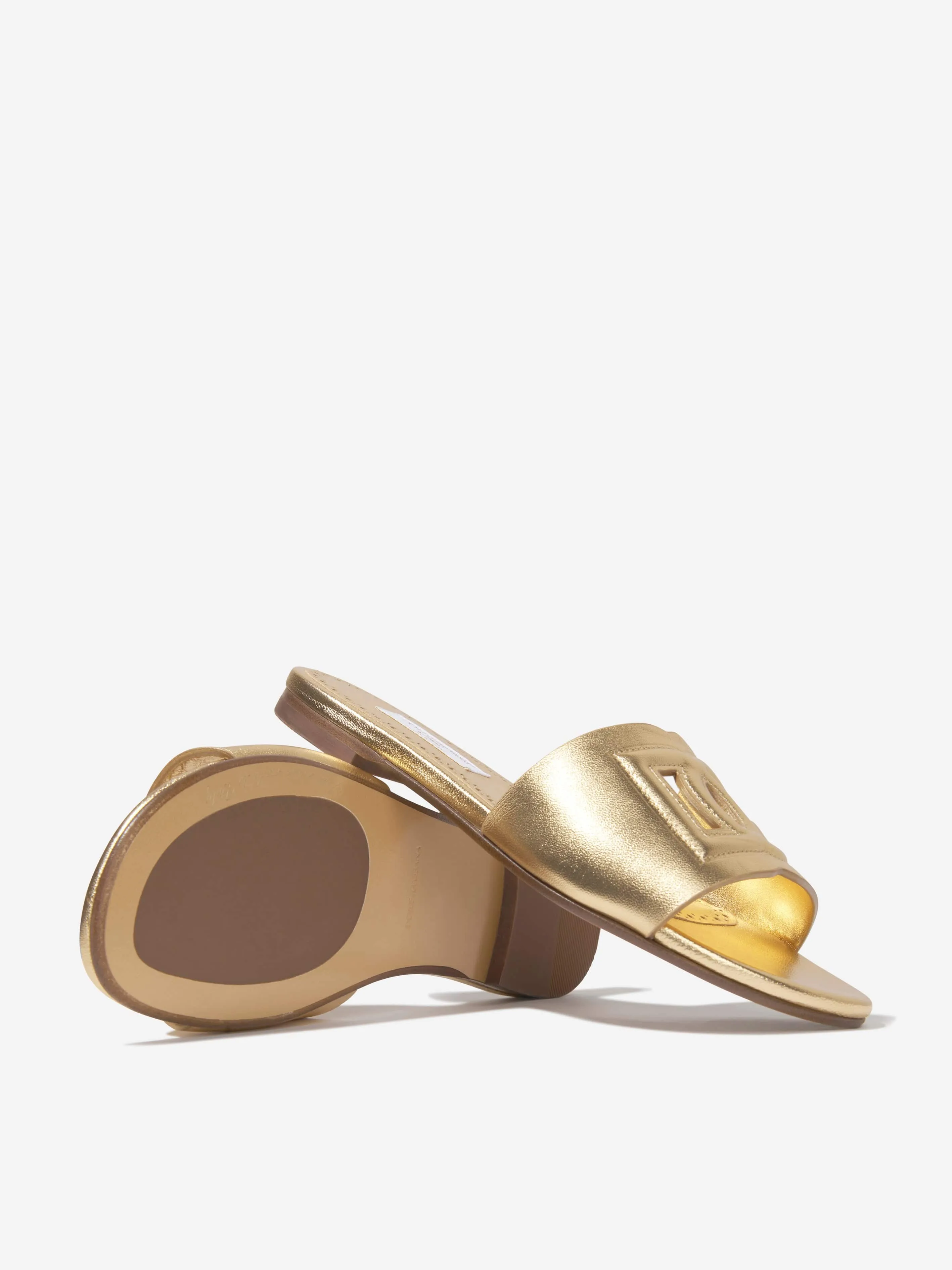 Dolce & Gabbana Girls Leather Logo Slider Sandals In Gold