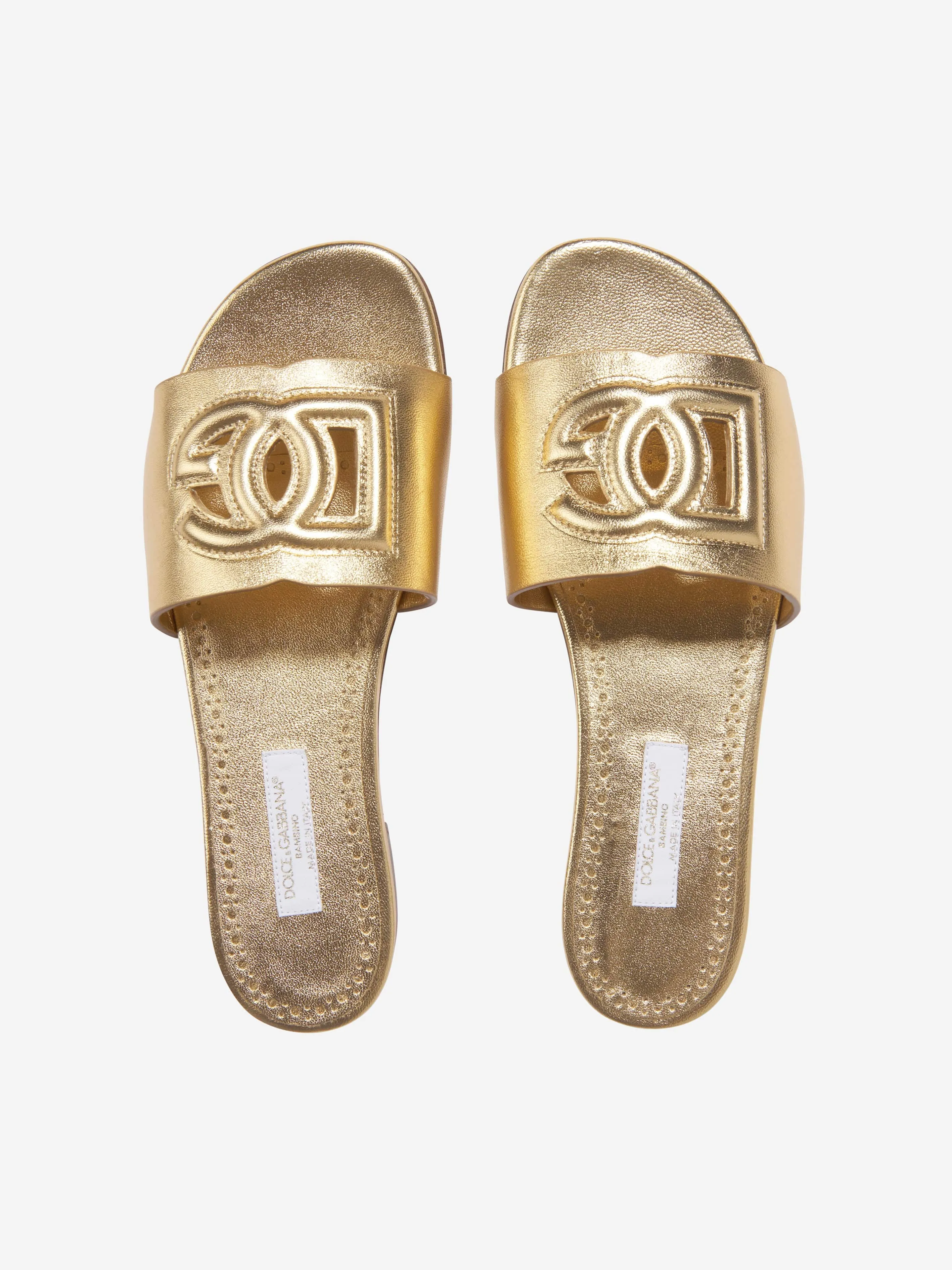 Dolce & Gabbana Girls Leather Logo Slider Sandals In Gold