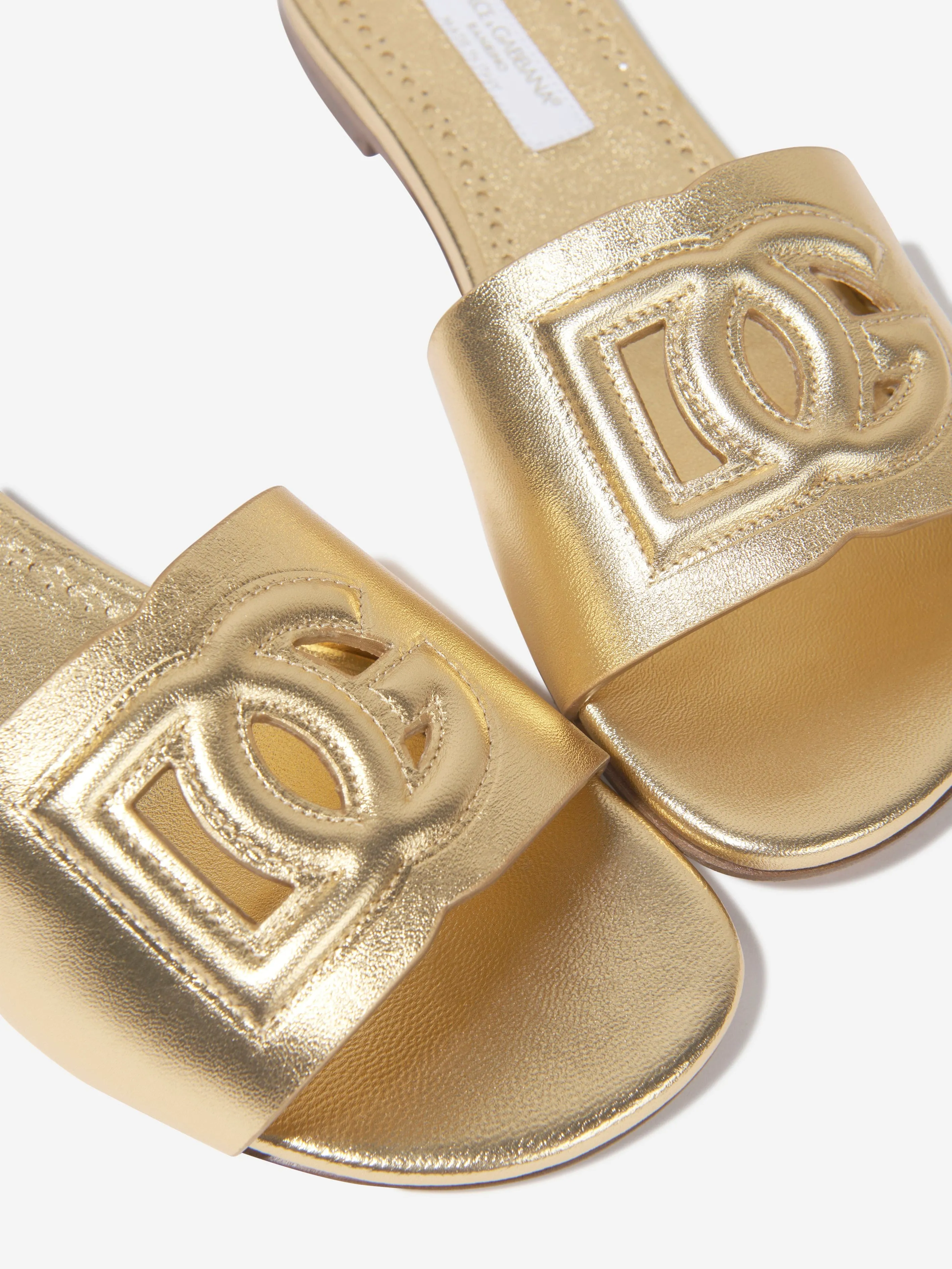 Dolce & Gabbana Girls Leather Logo Slider Sandals In Gold