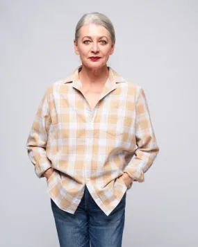 eileen woven button up - camel, grey plaid