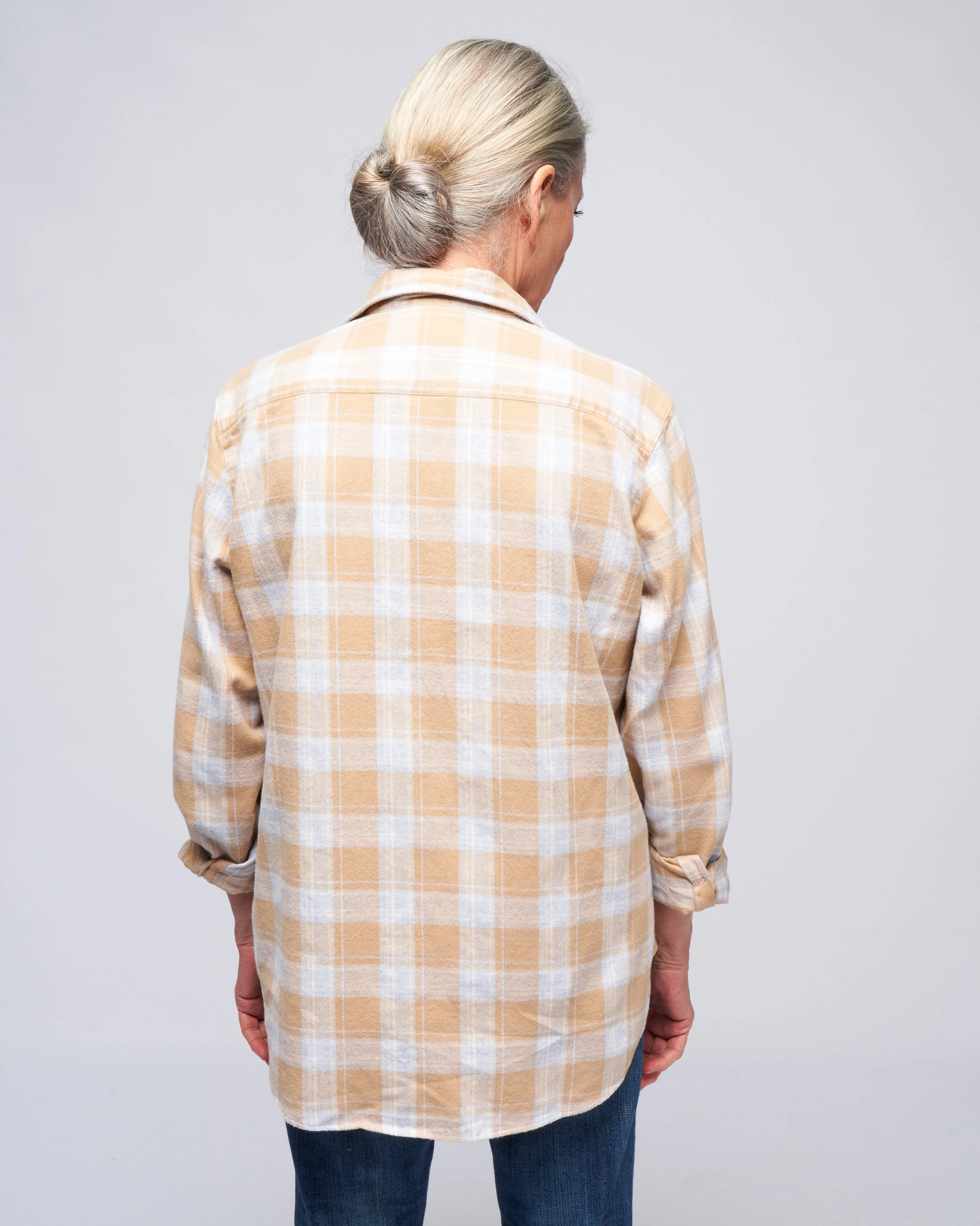 eileen woven button up - camel, grey plaid