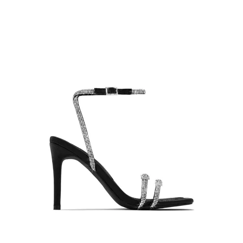 Elegant Minimalist Rhinestone Thin Strappy Square Toe Party Sandals