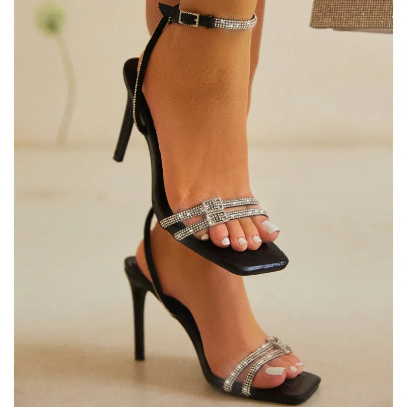 Elegant Minimalist Rhinestone Thin Strappy Square Toe Party Sandals