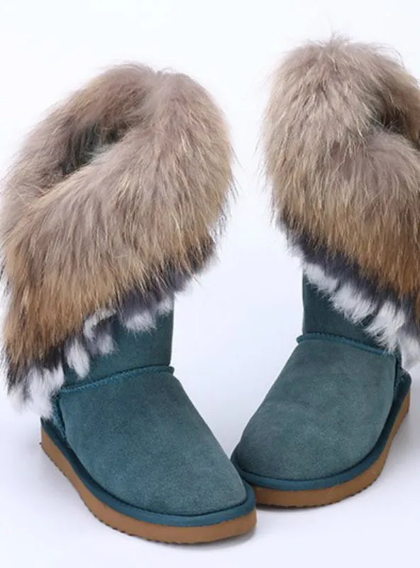 Fox Fur Cow Suede Leather Winter Snow Boots