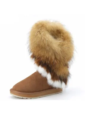 Fox Fur Cow Suede Leather Winter Snow Boots