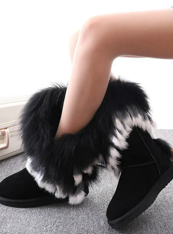 Fox Fur Cow Suede Leather Winter Snow Boots