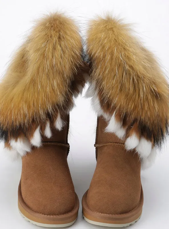 Fox Fur Cow Suede Leather Winter Snow Boots