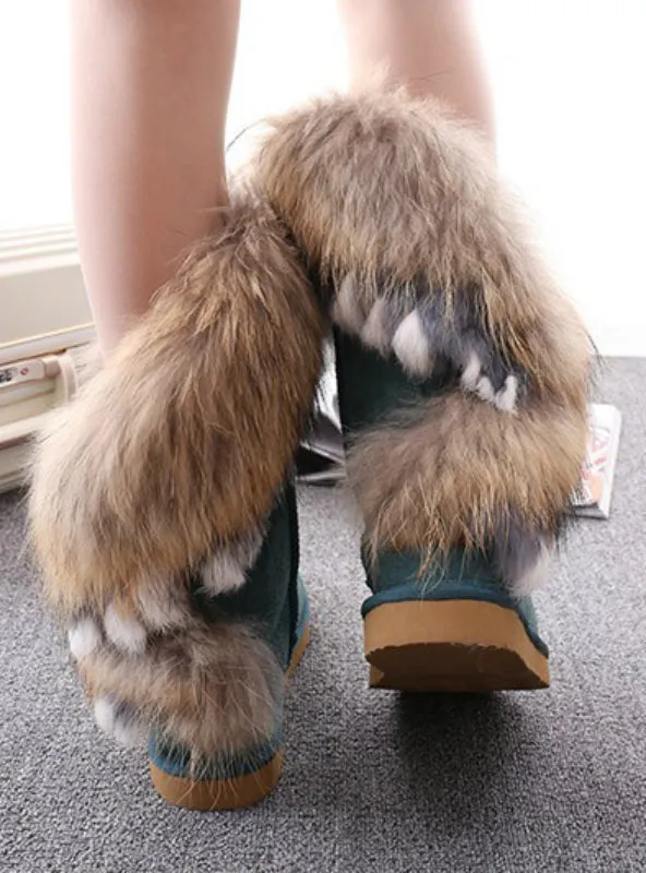 Fox Fur Cow Suede Leather Winter Snow Boots