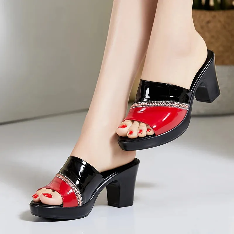 Genuine Leather High Heels Fashion Rhinestone Sandals