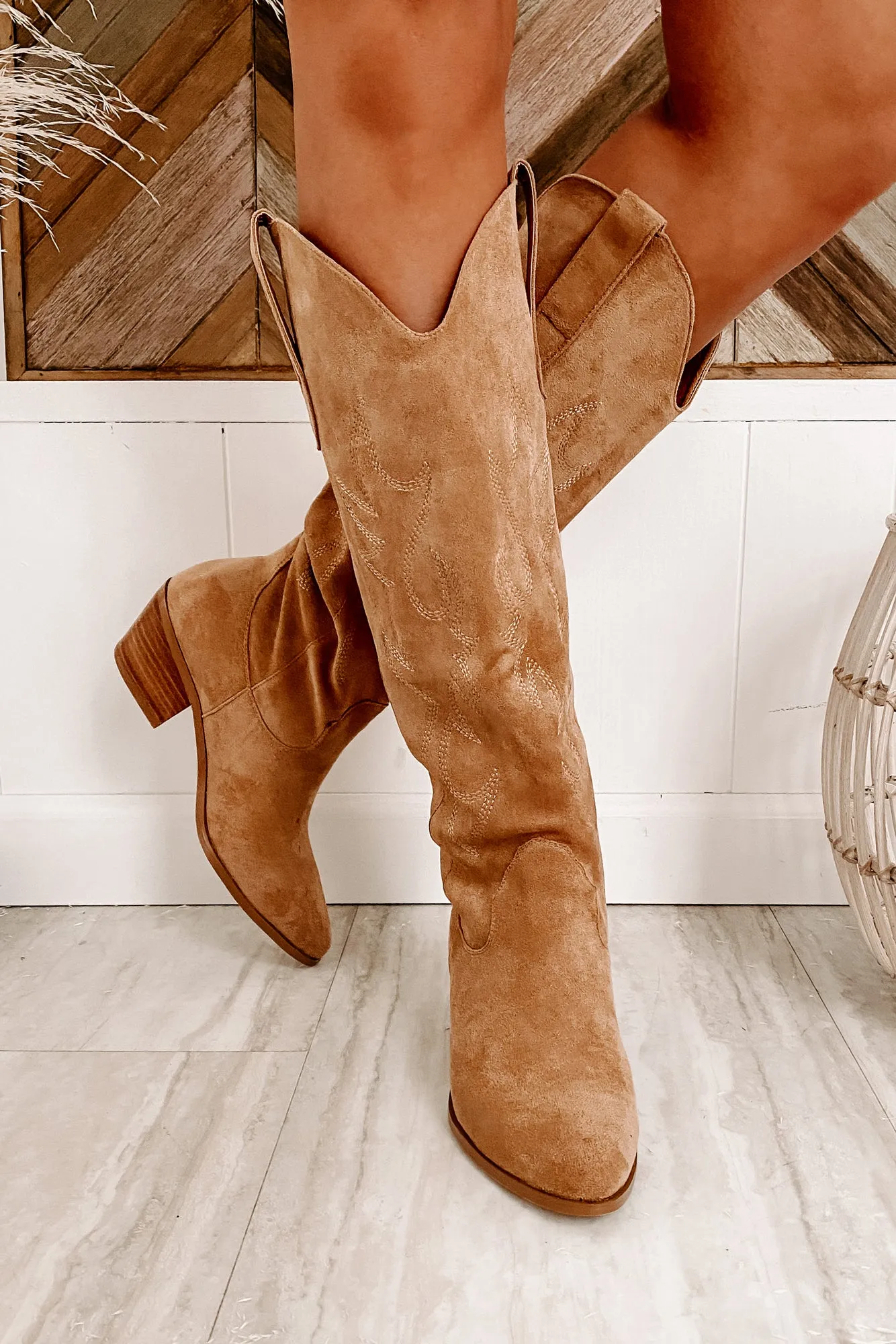 Giddy Up Faux Suede Cowboy Boots (Tan Suede)