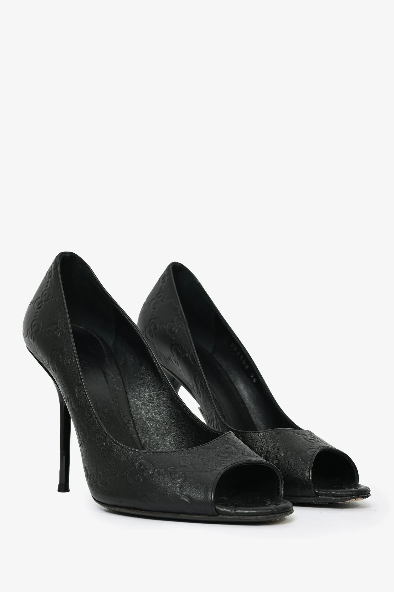 Gucci Black GG Embossed Peep Toe Heels Size 38