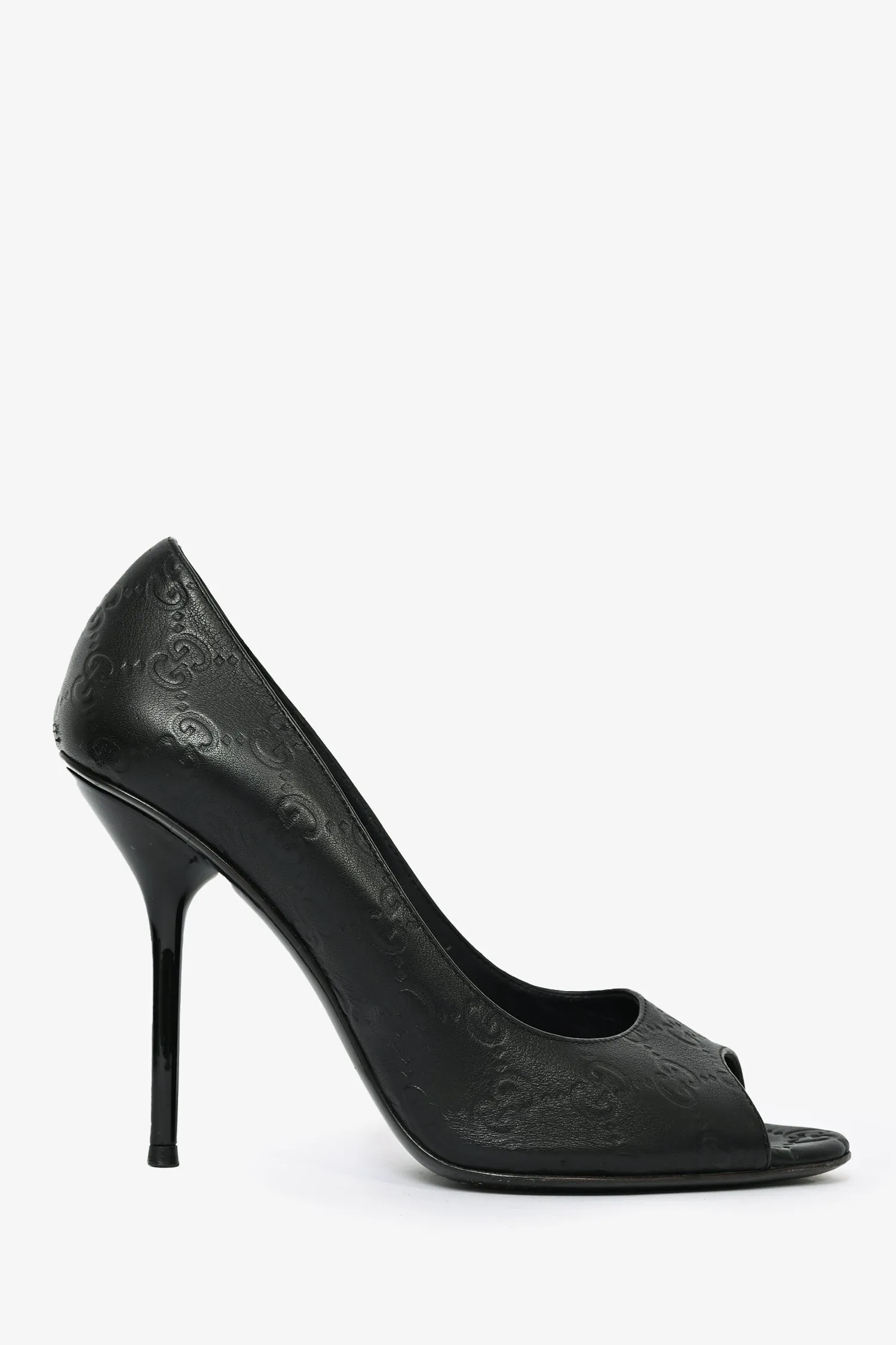 Gucci Black GG Embossed Peep Toe Heels Size 38