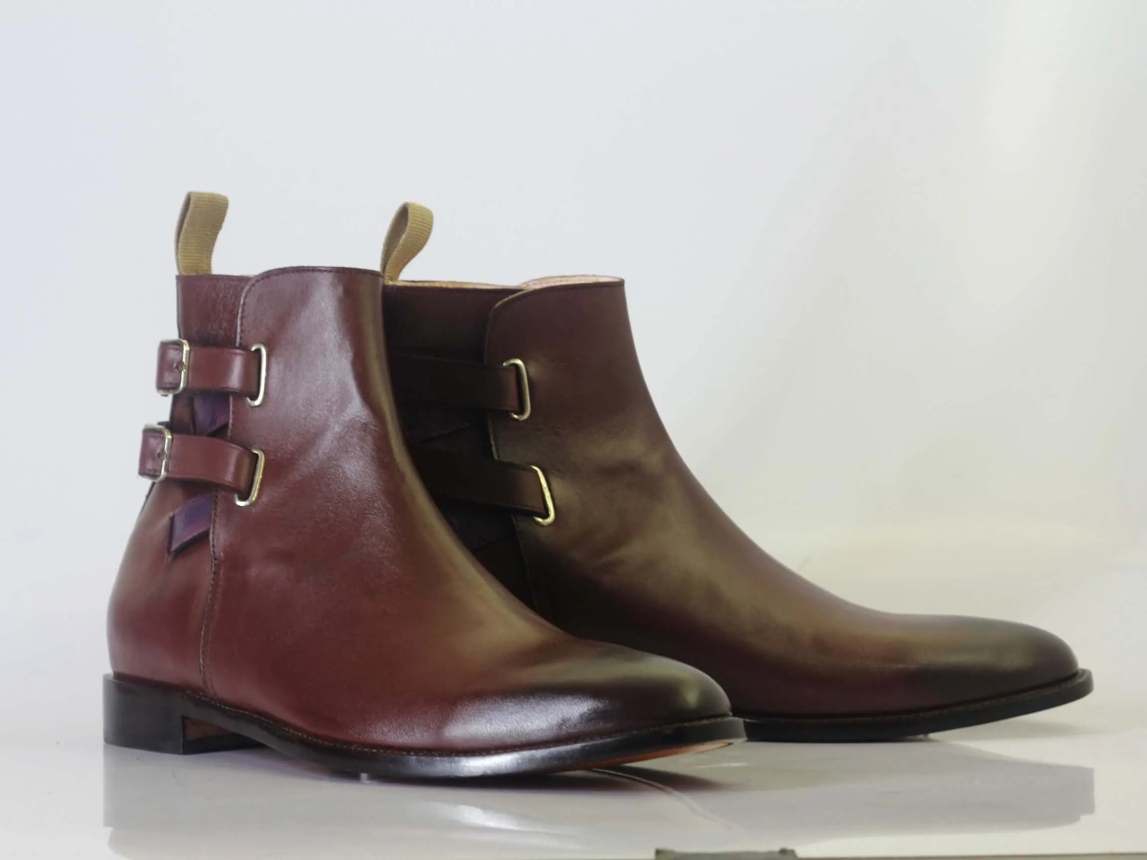 Handmade Men Ankle High Burgundy Leather Double Buckle Boots, Men Designer Boots