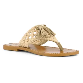 Handwoven Natural Beige Tassel Thong Flats