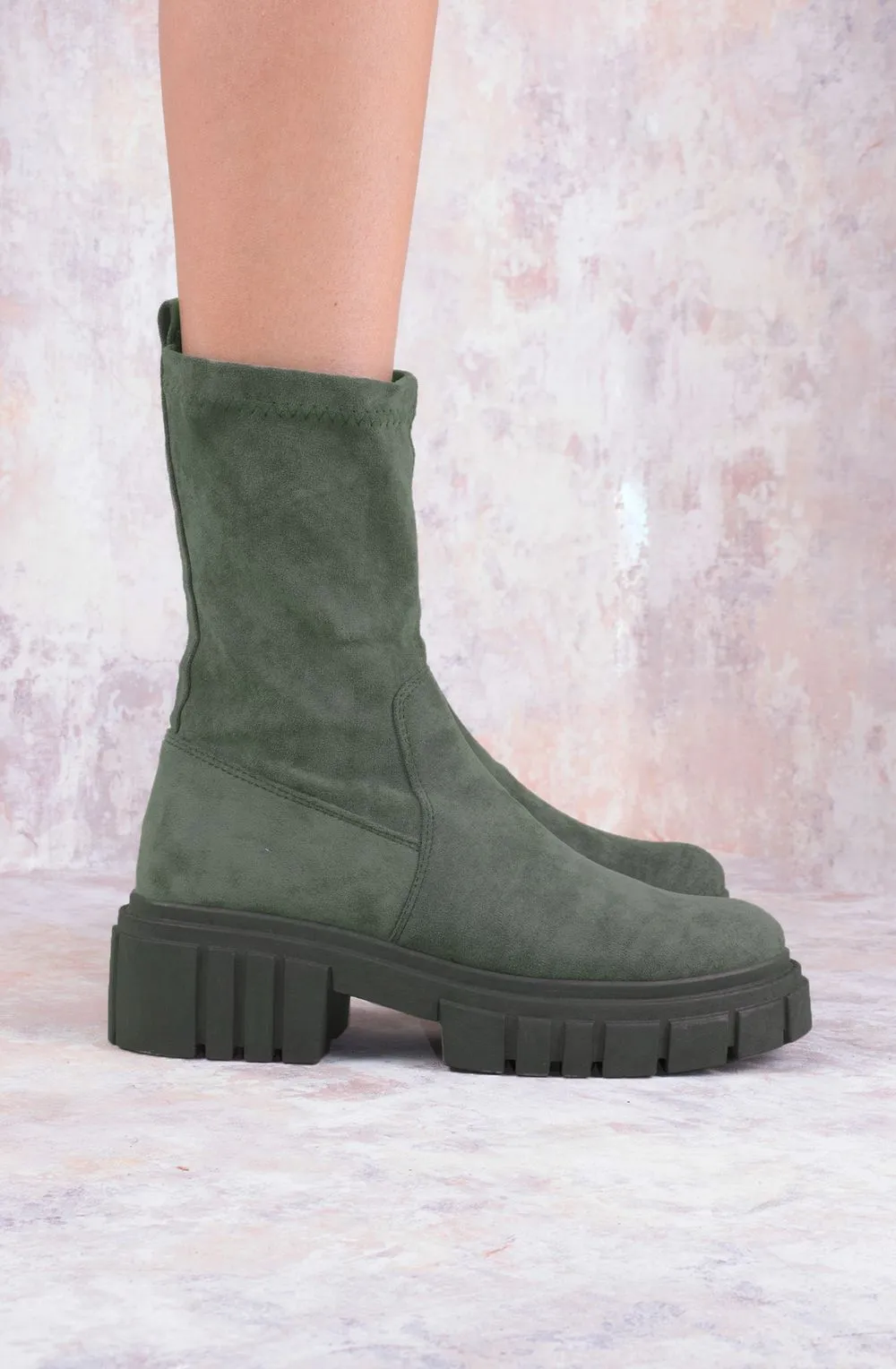 Khaki Green Faux Suede Ankle Sock Boot