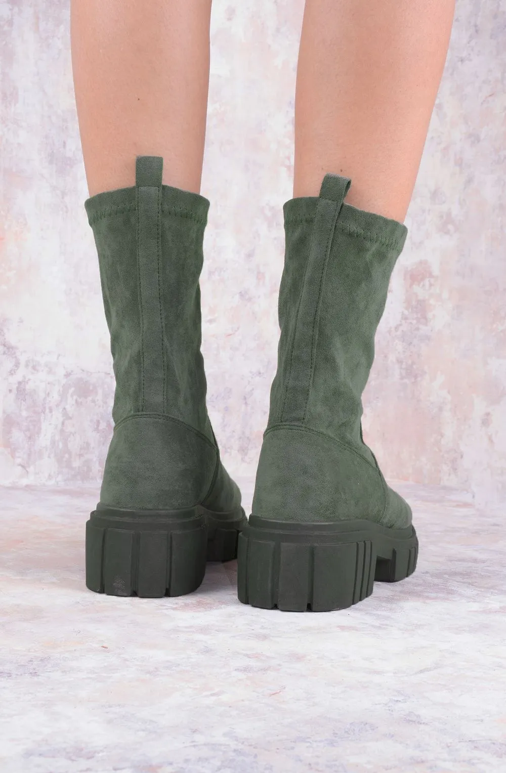 Khaki Green Faux Suede Ankle Sock Boot