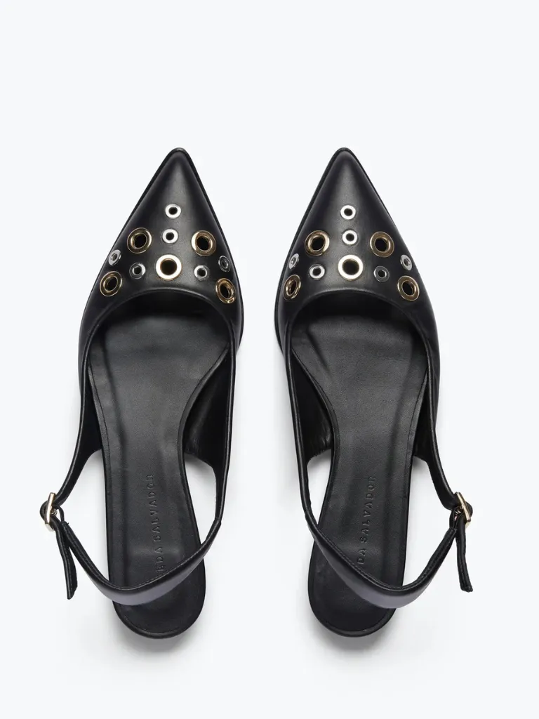 Marie Slingback Point Flat in Black Calf w/Mixed Grommets