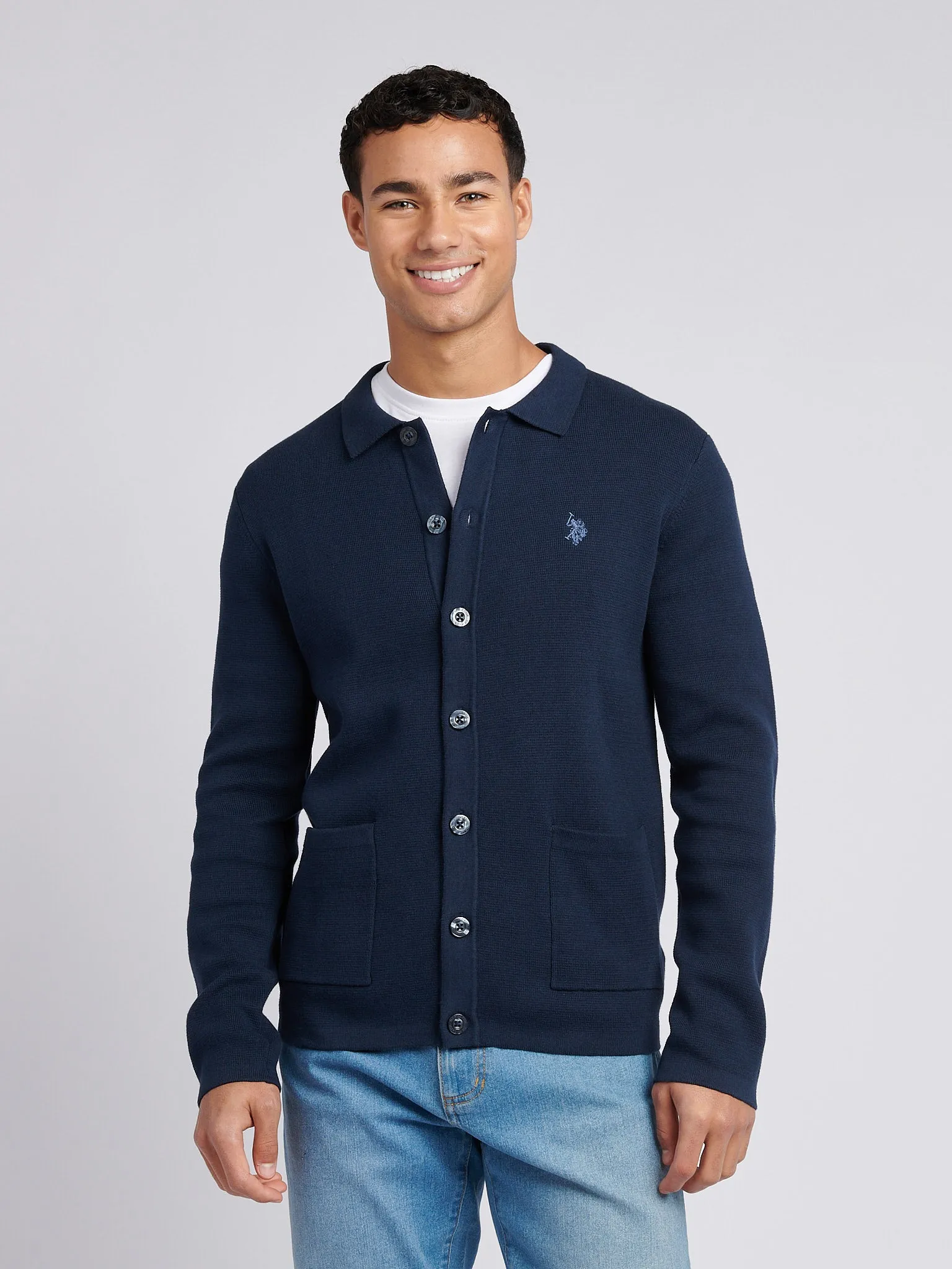 Mens Milano Stitch Long Sleeve Knit Polo in Dark Sapphire Navy / Moonlight Blue DHM