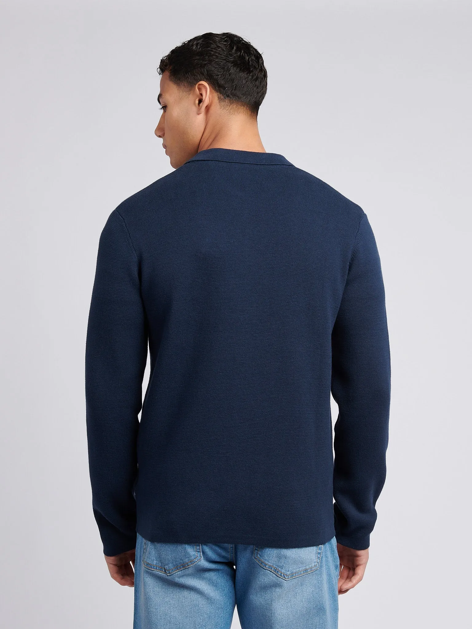 Mens Milano Stitch Long Sleeve Knit Polo in Dark Sapphire Navy / Moonlight Blue DHM