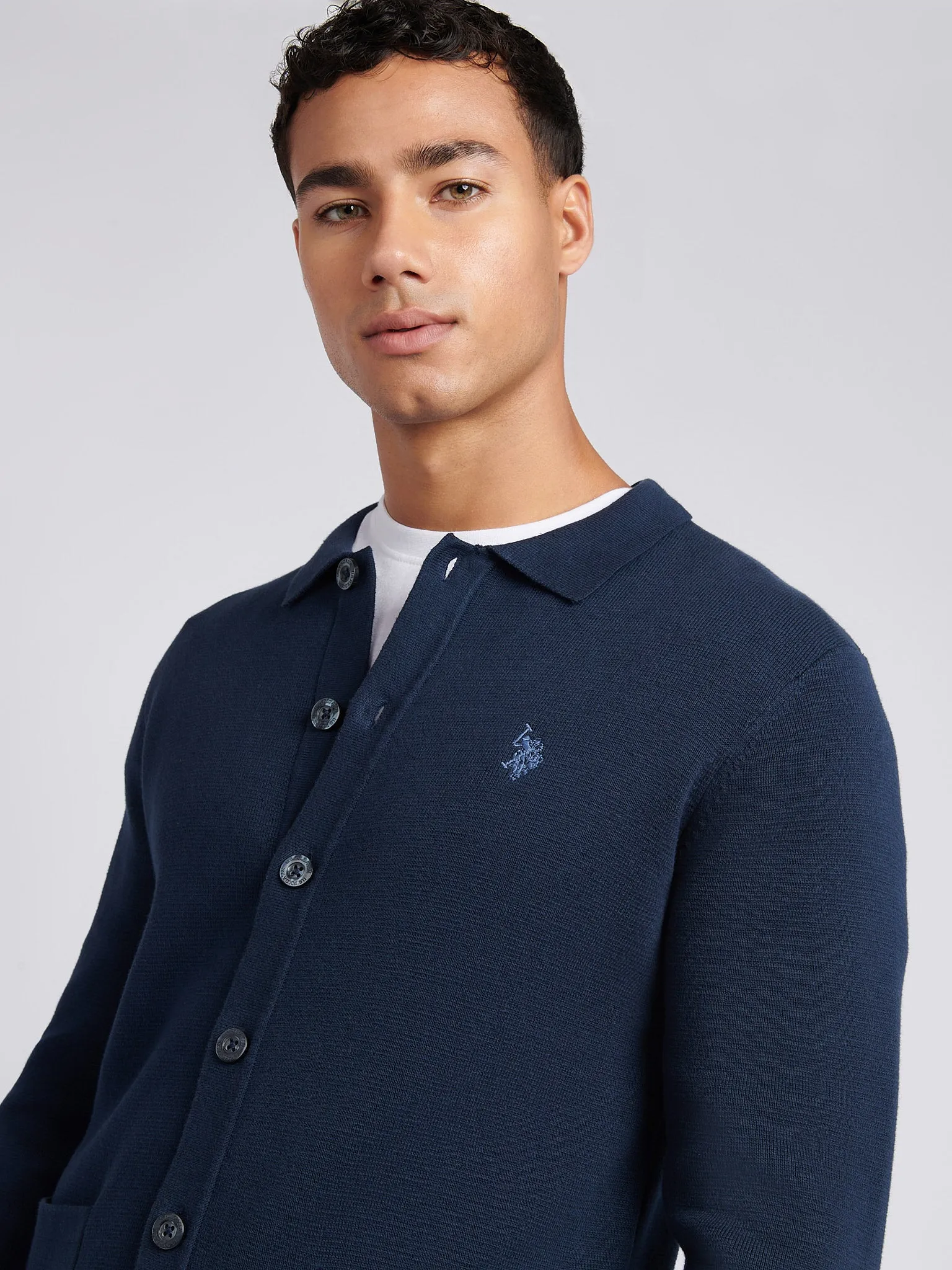 Mens Milano Stitch Long Sleeve Knit Polo in Dark Sapphire Navy / Moonlight Blue DHM