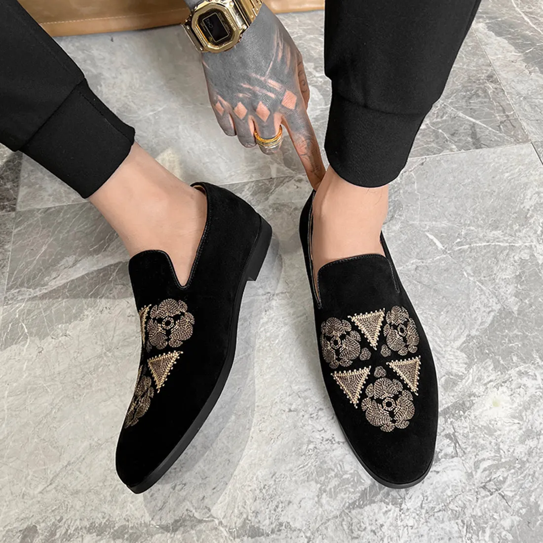 Men's Velvet Embroidery Smoking Loafers