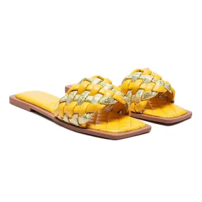 Metallic Woven Strap Flats in Yellow