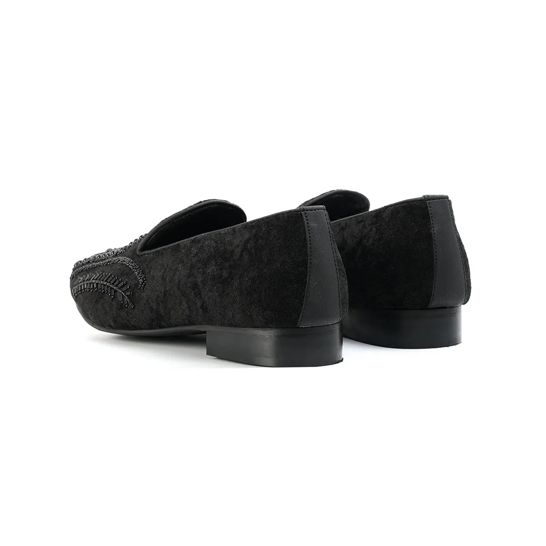 Monkstory Hand-Embroidered Embellished Slip-Ons - Black