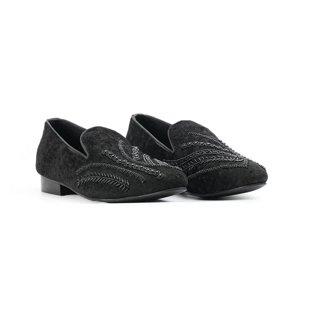 Monkstory Hand-Embroidered Embellished Slip-Ons - Black