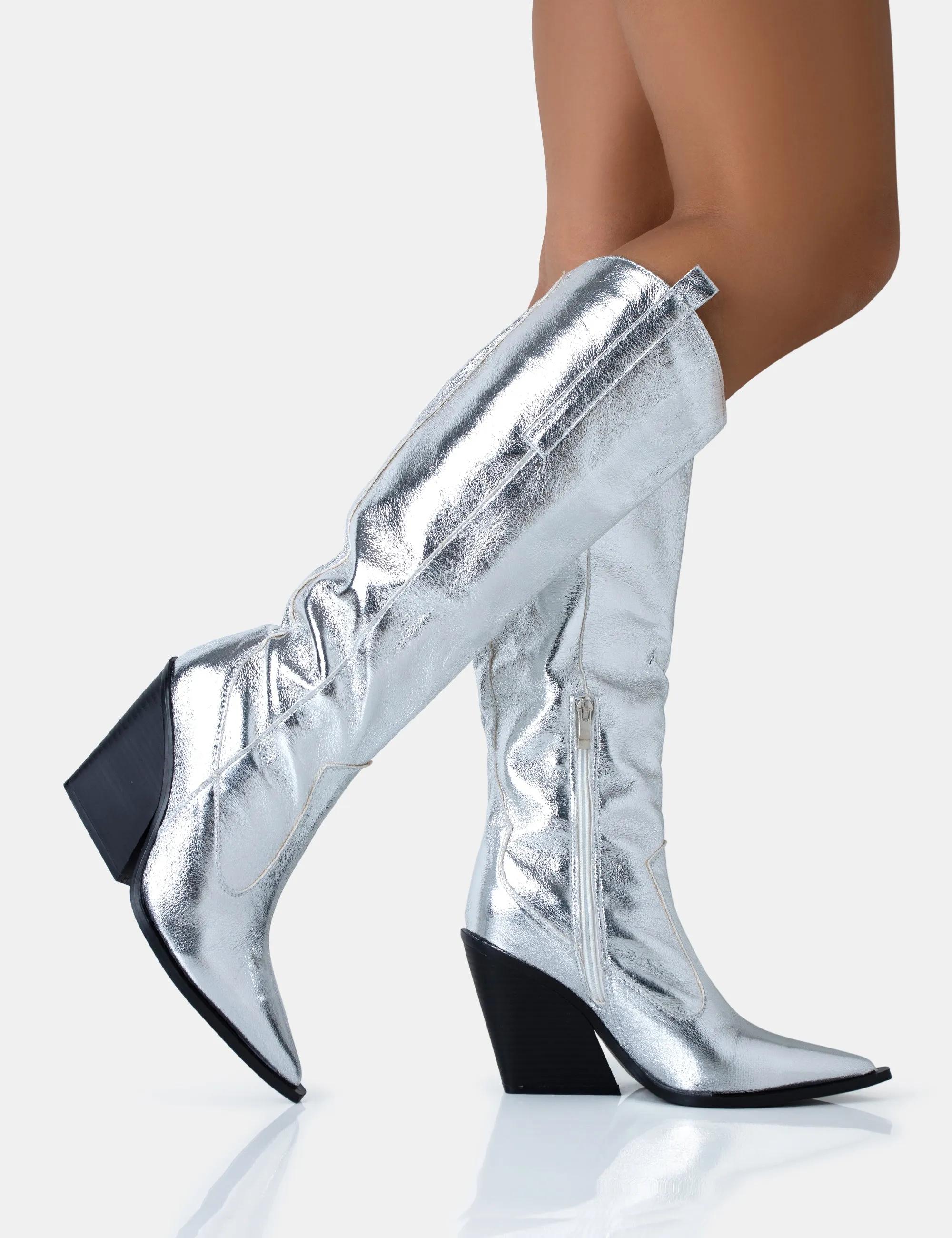 Nevada Silver Metallic Western Cowboy Block Heel Knee High Boots