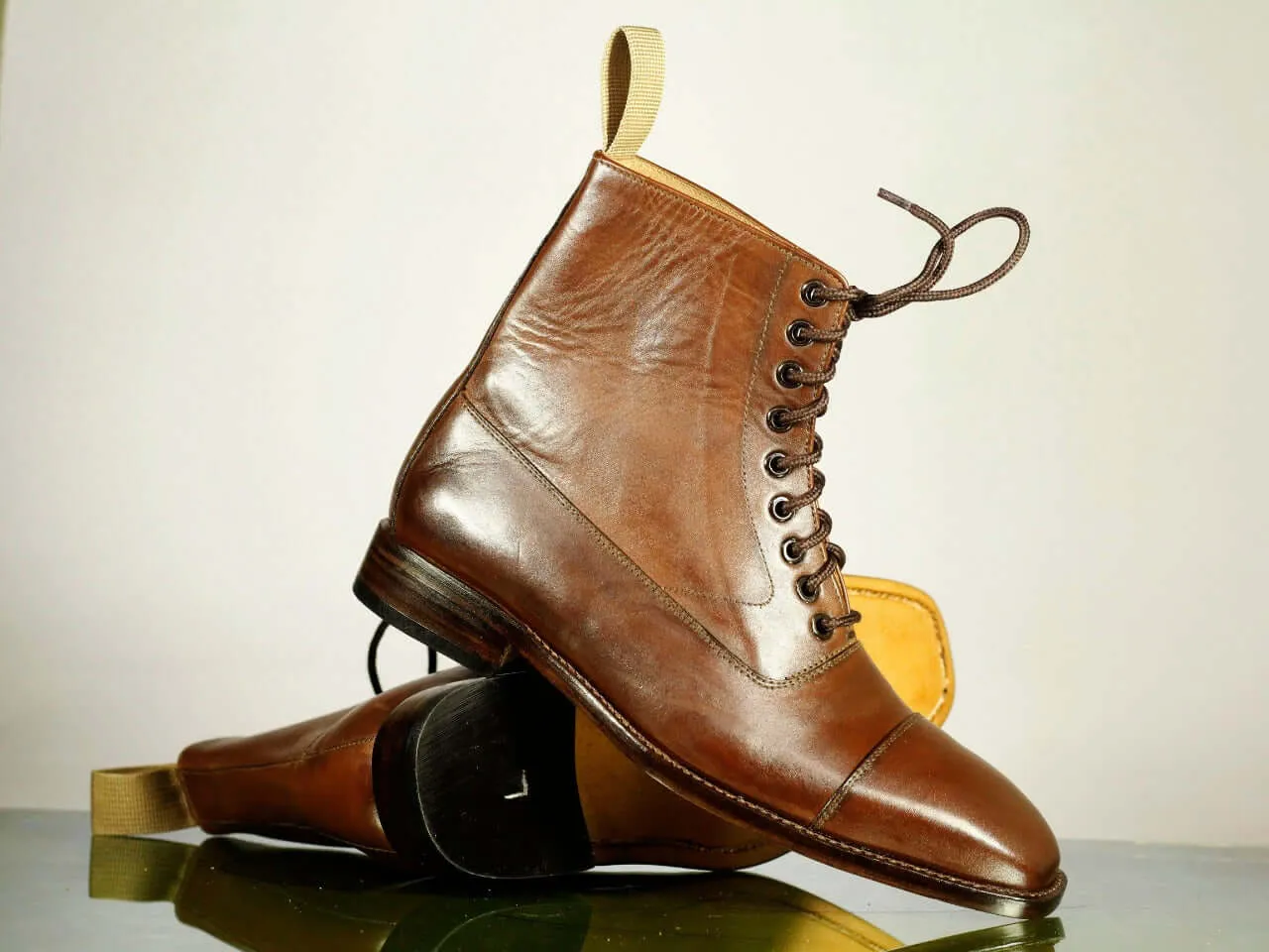 New Handmade Men's Brown Cap Toe Leather Ankle Boots, Men Designer Lace Up Boots