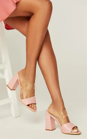 Pink Croc-embossed upper block heel mule sandals