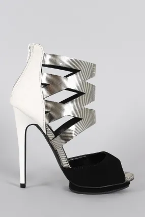 Qupid Lines Cuffed Peep Toe Contrasting Snake Platform Heel