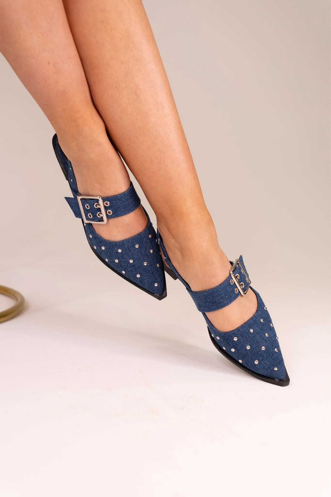 Sadie Pointed Toe Studded Flats In Denim Blue