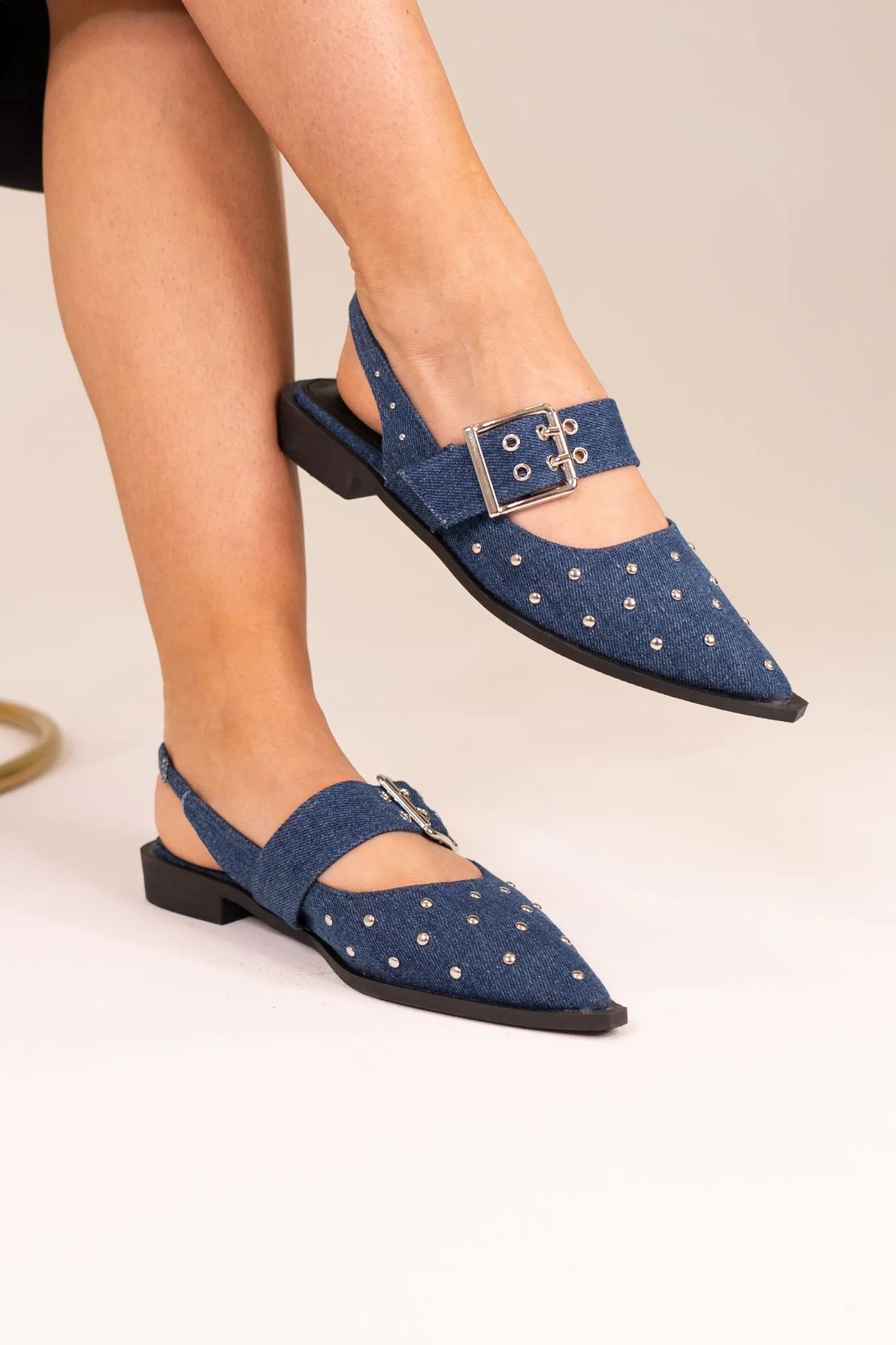 Sadie Pointed Toe Studded Flats In Denim Blue