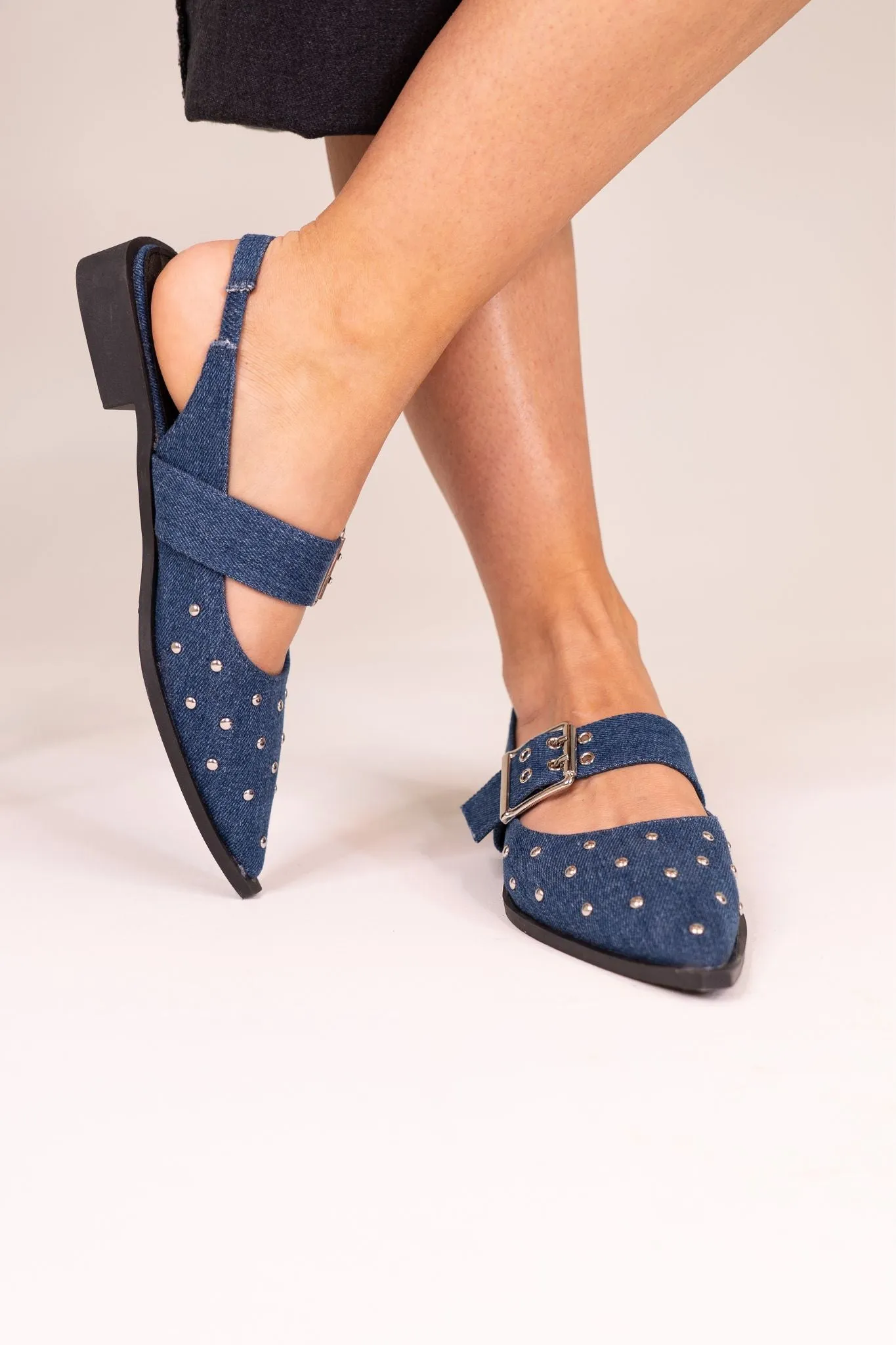 Sadie Pointed Toe Studded Flats In Denim Blue